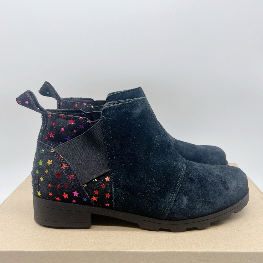 Sorel Emelie Metallic Rainbow Girls Black Suede Chelsea Ankle Boots US 5 EU 37